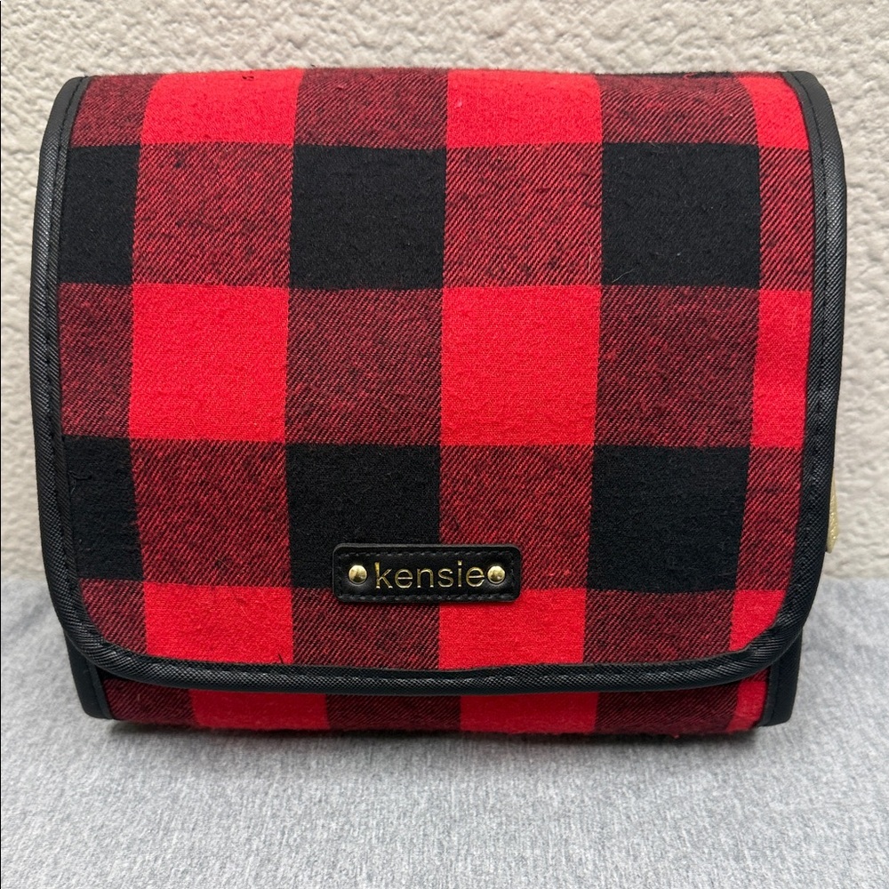 Kensie Red and Black Travel Makeup Plaid Bag